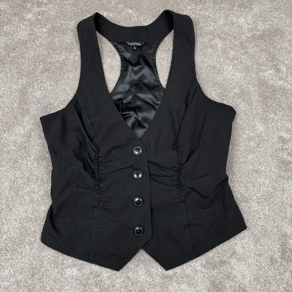 Maurices Black Corset Style Ruched Button Vest Racerback Size L Goth Corp Office